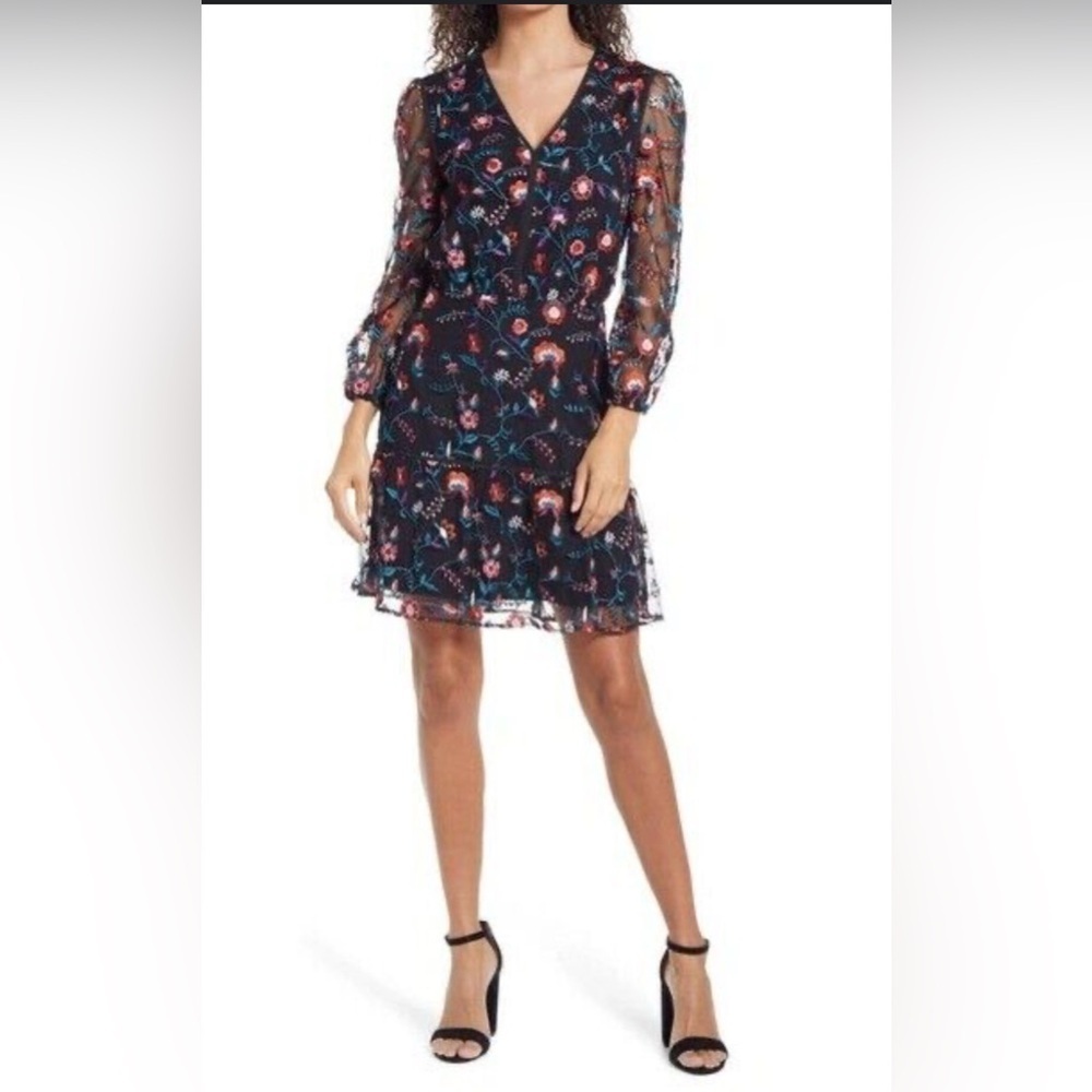 Sam Edelman RED PANSY Floral Embroidered Mesh Blouson Dress size 0